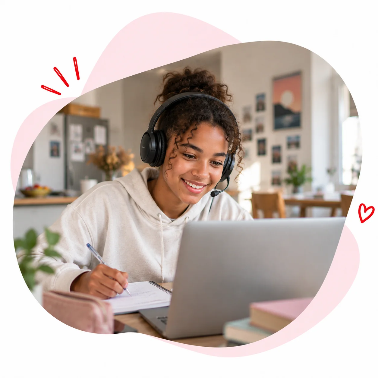 Lycéenne suivant un cours en ligne avec un casque et un cahier